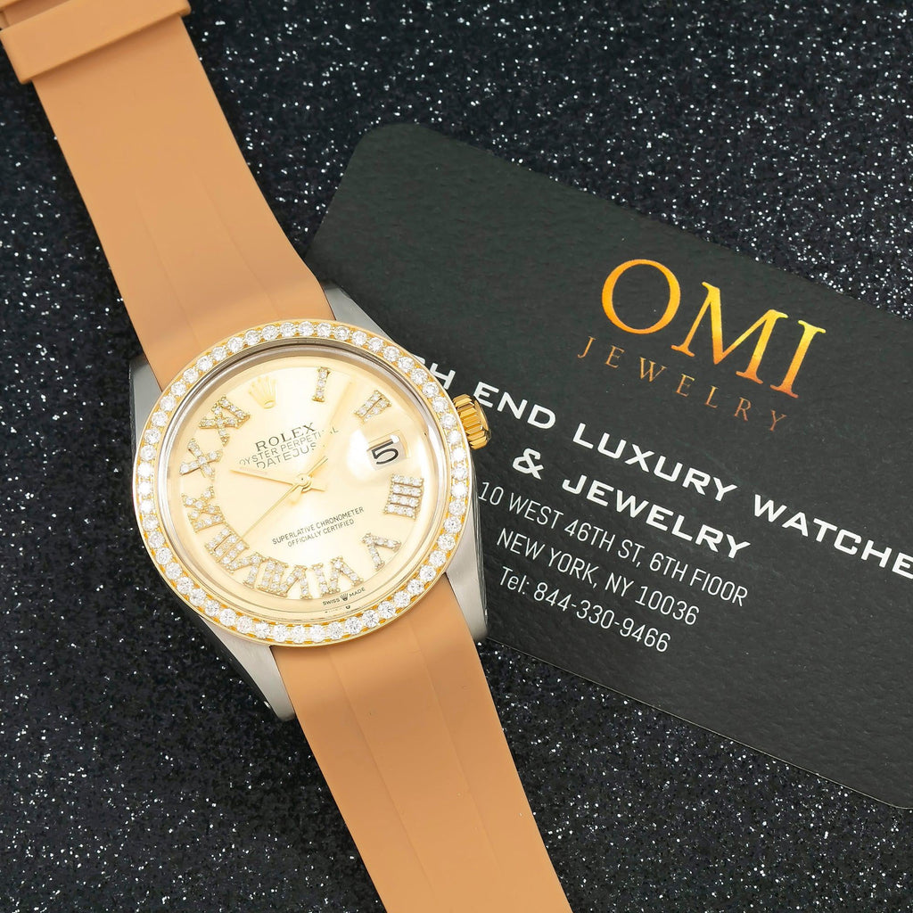 Pre-Owned Rolex Datejust 36MM 1601 Champagne Roman Diamond Dial Diamond Bezel Brown Rubber Strap
