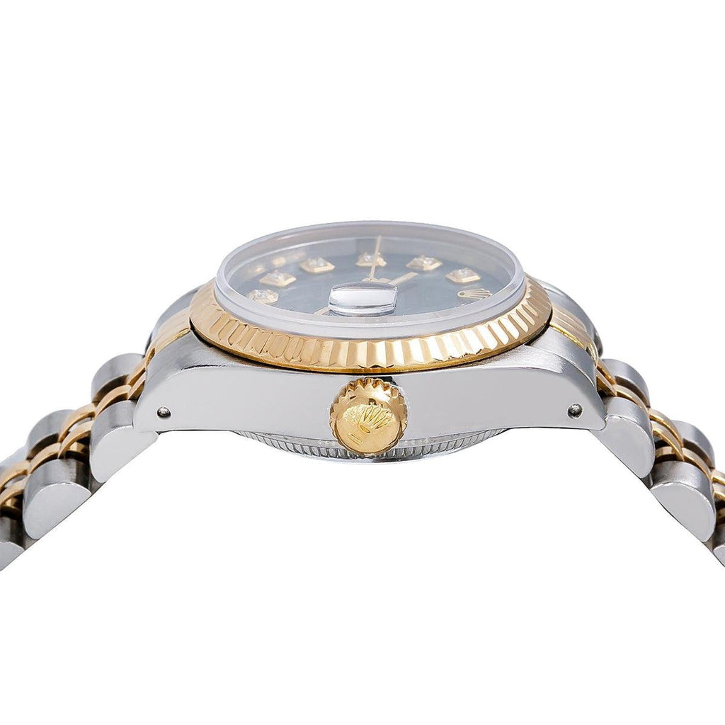 Pre-Owned Rolex Datejust 26MM 69173 Blue Mother of Pearl Diamond Dial Fluted Bezel Two Tone Yellow Gold Jubilee Bracelet