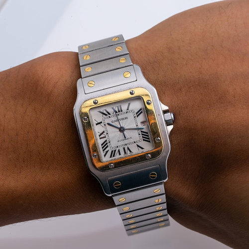 Pre-Owned Cartier Santos Galbée 24MM W20012C4 Silver Roman Dial Yellow Gold Bezel Two Tone Yellow Gold Bracelet