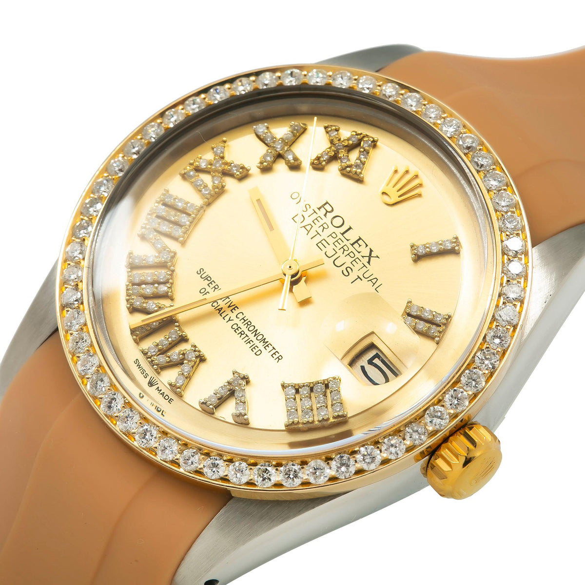 Pre-Owned Rolex Datejust 36MM 1601 Champagne Roman Diamond Dial Diamond Bezel Brown Rubber Strap