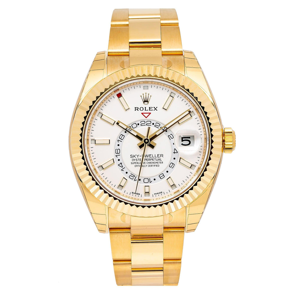 Pre-Owned Rolex Sky-Dweller 42MM 326938 White Dial Fluted Bezel 18K Yellow Gold Oyster Bracelet