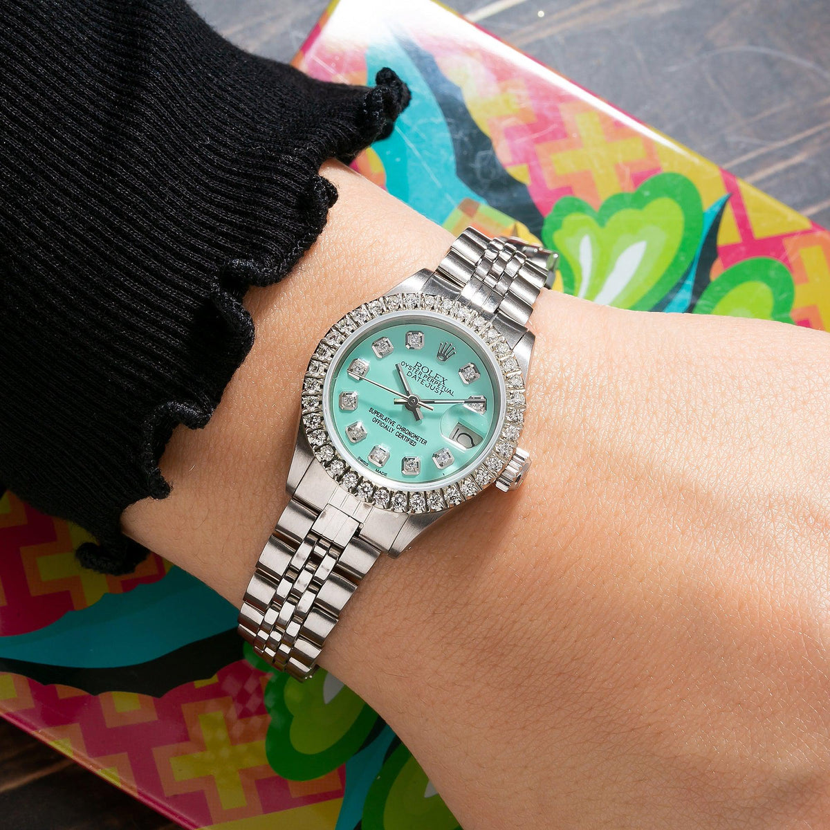 Pre-Owned Rolex Datejust 26MM 69174 Turquoise Diamond Dial Diamond Bezel Stainless Steel Jubilee Bracelet