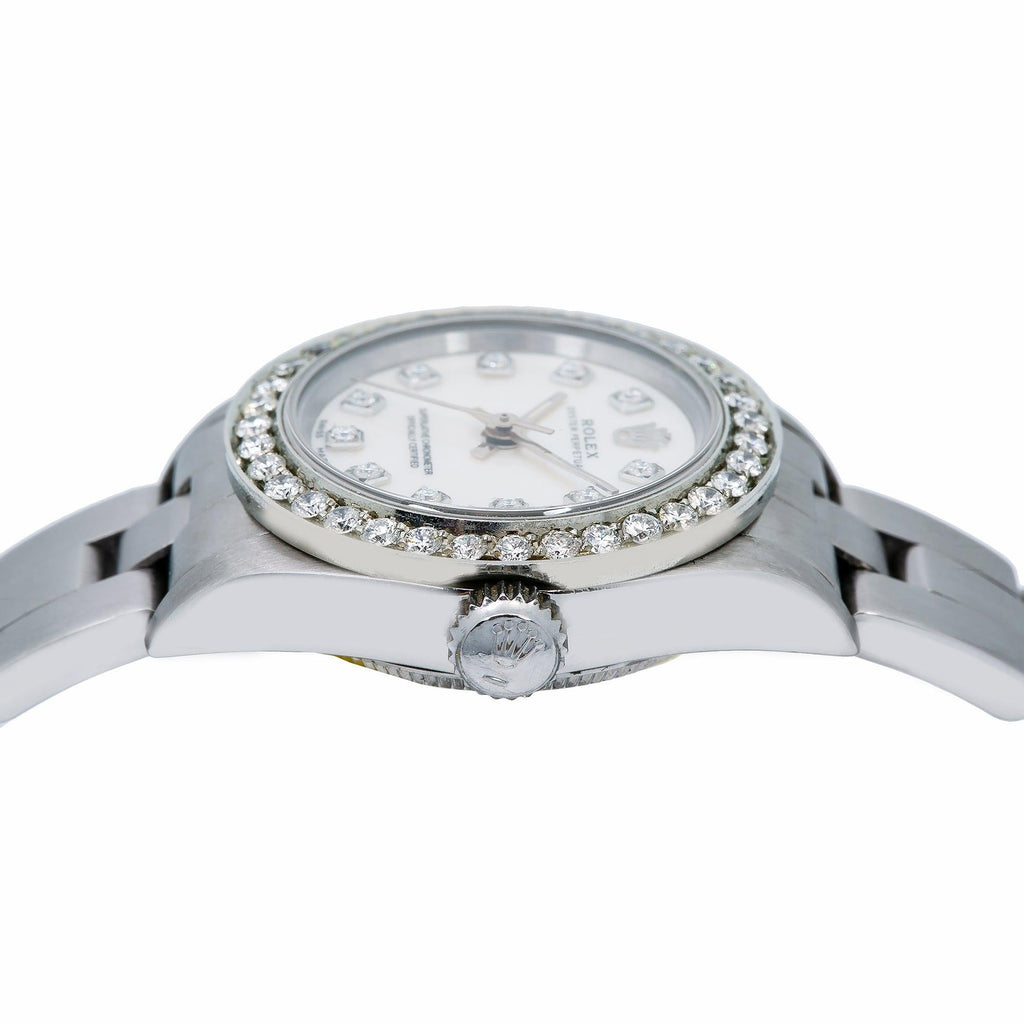 Pre-Owned Rolex Oyster Perpetual 26MM 76094 White Mother of Pearl Diamond Dial Diamond Bezel Stainless Steel Oyster Bracelet