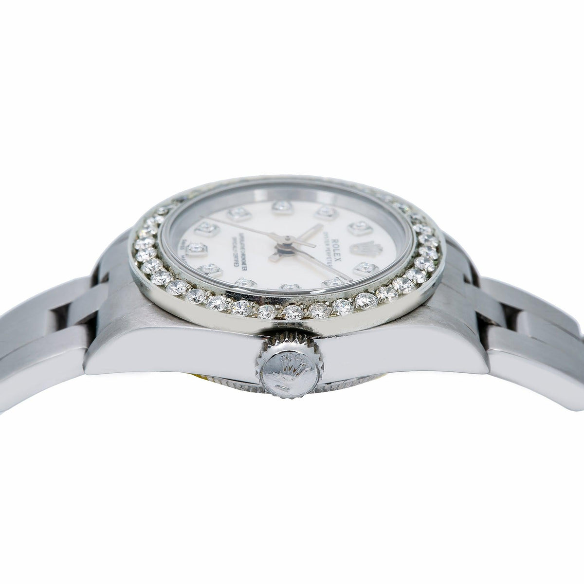 Pre-Owned Rolex Oyster Perpetual 26MM 76094 White Mother of Pearl Diamond Dial Diamond Bezel Stainless Steel Oyster Bracelet