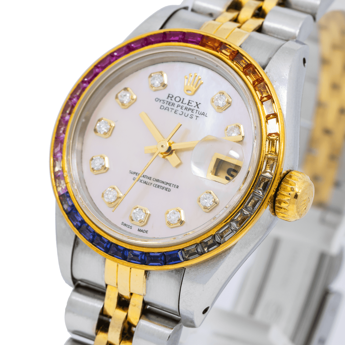Pre-Owned Rolex Datejust 26MM 69173 Pink Mother of Pearl Diamond Dial Rainbow Gemstone Bezel Two Tone Yellow Gold Jubilee Bracelet 0.2ct