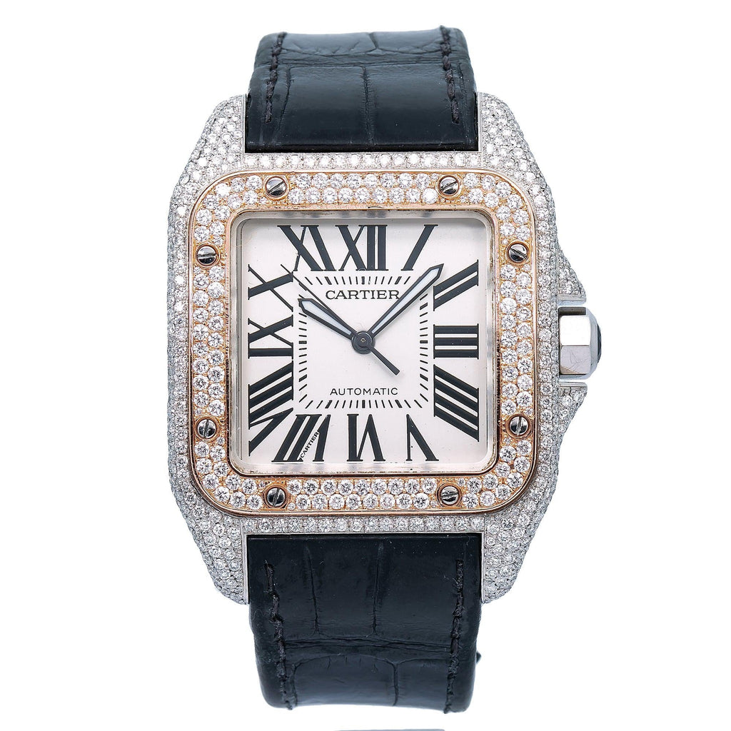 Pre-Owned Cartier Santos 100 38MM W20073X8 Silver Roman Dial Rose Gold Diamond Paved Bezel Black Leather Strap 9.25ct