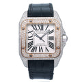 Pre-Owned Cartier Santos 100 38MM W20073X8 Silver Roman Dial Rose Gold Diamond Paved Bezel Black Leather Strap 9.25ct