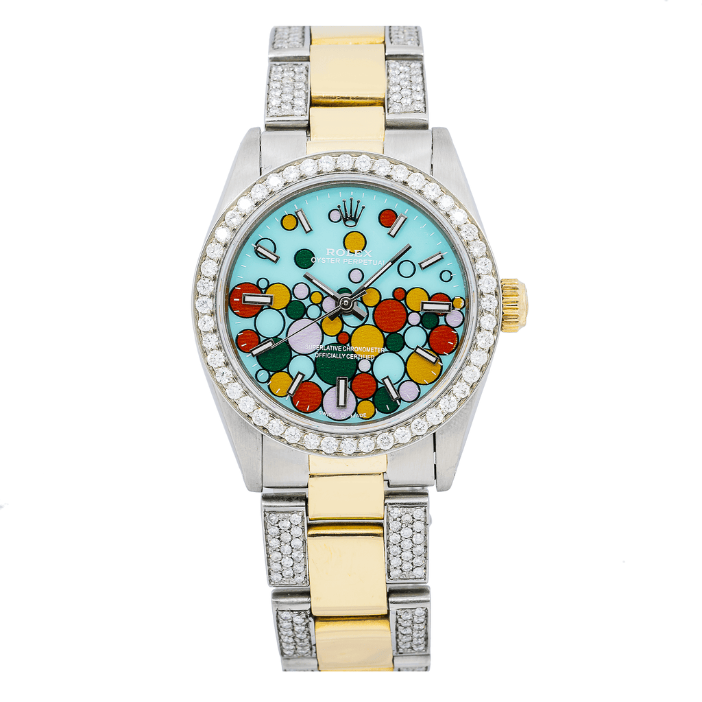 Pre-Owned Rolex Oyster Perpetual 31MM 6748 Turquoise Celebration Dial Diamond Bezel Two Tone Yellow Gold Semi Diamond Oyster Bracelet