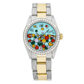 Pre-Owned Rolex Oyster Perpetual 31MM 6748 Turquoise Celebration Dial Diamond Bezel Two Tone Yellow Gold Semi Diamond Oyster Bracelet