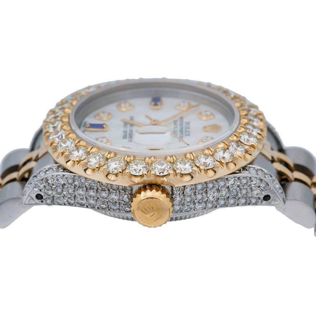 Pre-Owned Rolex Datejust 26MM 6917 White Mother of Pearl Diamond Dial Diamond Bezel Two Tone Yellow Gold Jubilee Bracelet 2.75ct