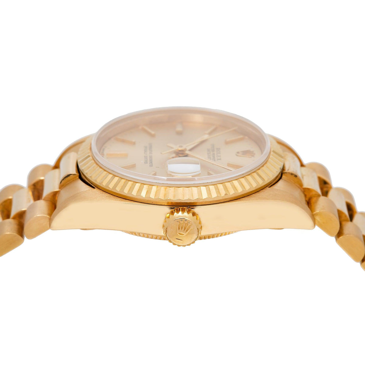Pre-Owned Rolex Datejust 31MM 68278 Champagne Dial Fluted Bezel 18K Yellow Gold President Bracelet