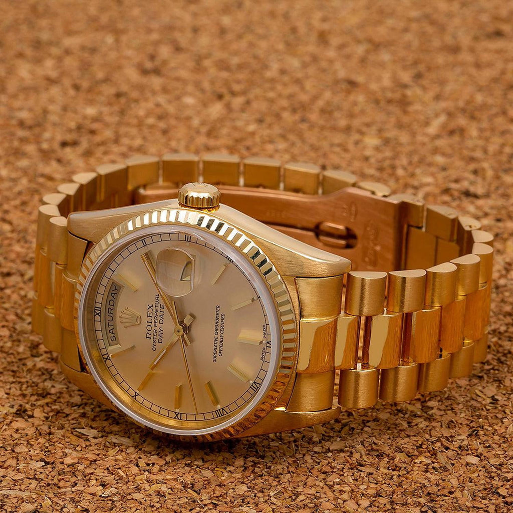 Pre-Owned Rolex Day-Date 36MM 18238 Champagne Dial Fluted Bezel 18K Yellow Gold President Bracelet