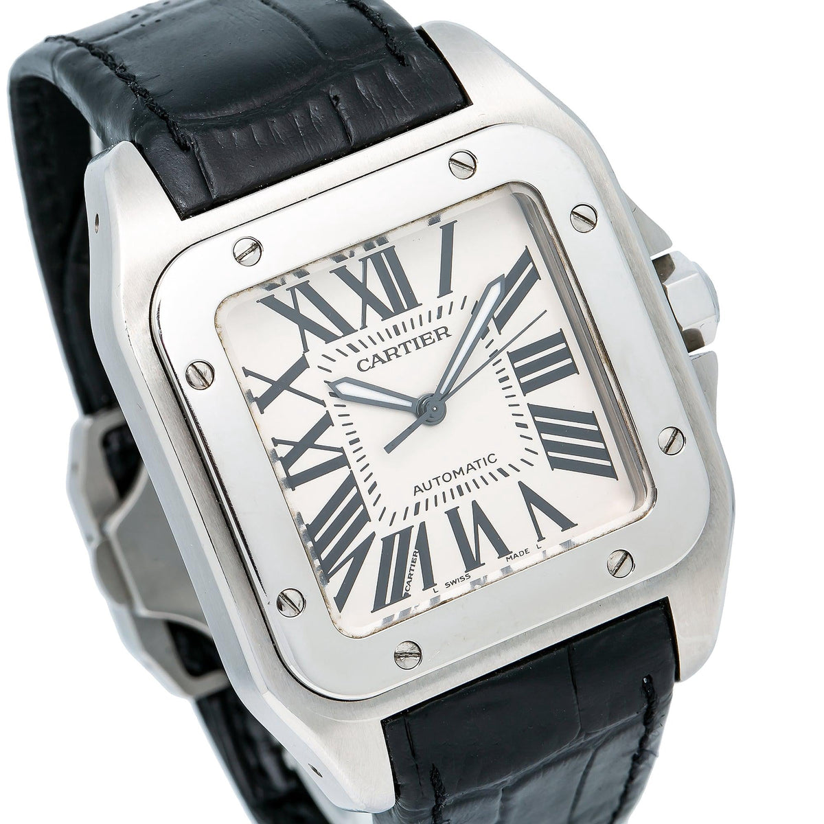 Pre-Owned Cartier Santos 100 2656 38MM White Dial With Leather Bracelet