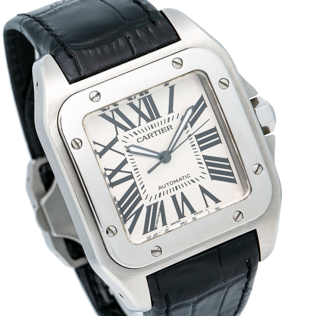 Pre-Owned Cartier Santos 100 38MM 2656 Silver Roman Dial Black Leather Strap