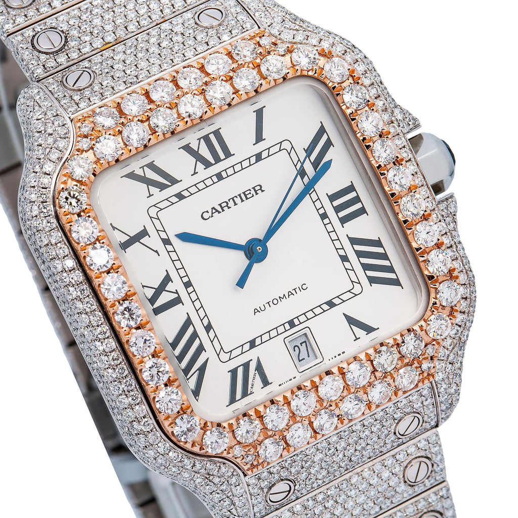 Pre-Owned Cartier Santos 39.8MM WSSA0009 Silver Roman Dial Rose Gold Diamond Bezel Stainless Steel Full Diamond Bracelet 17.96ct