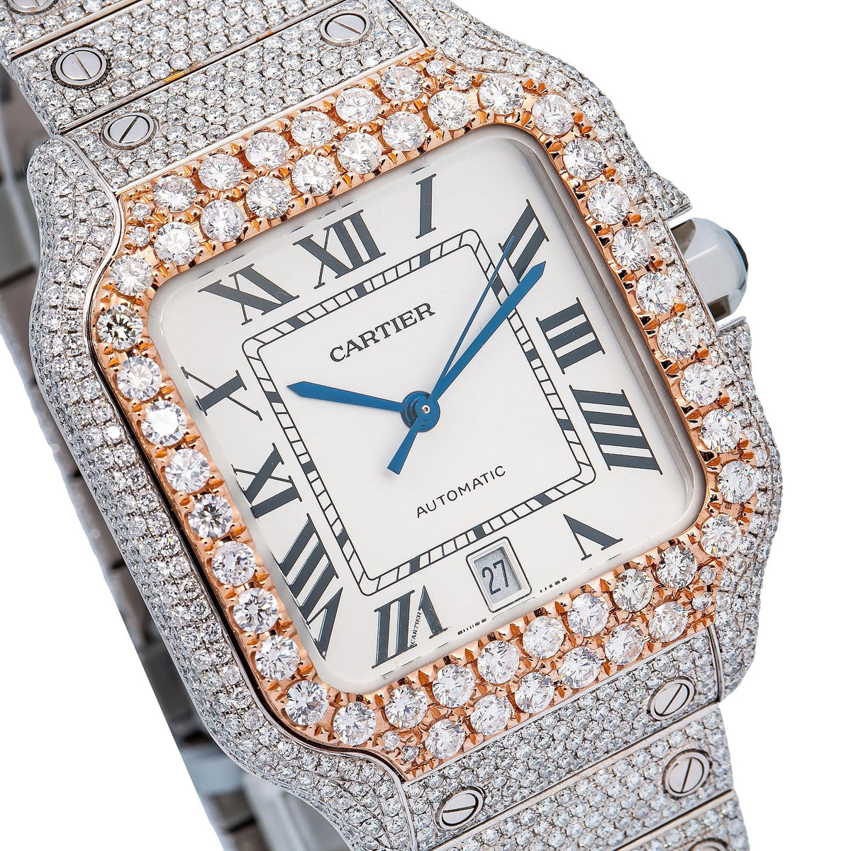 Pre-Owned Cartier Santos 39.8MM WSSA0009 Silver Roman Dial Rose Gold Diamond Bezel Stainless Steel Full Diamond Bracelet 17.96ct