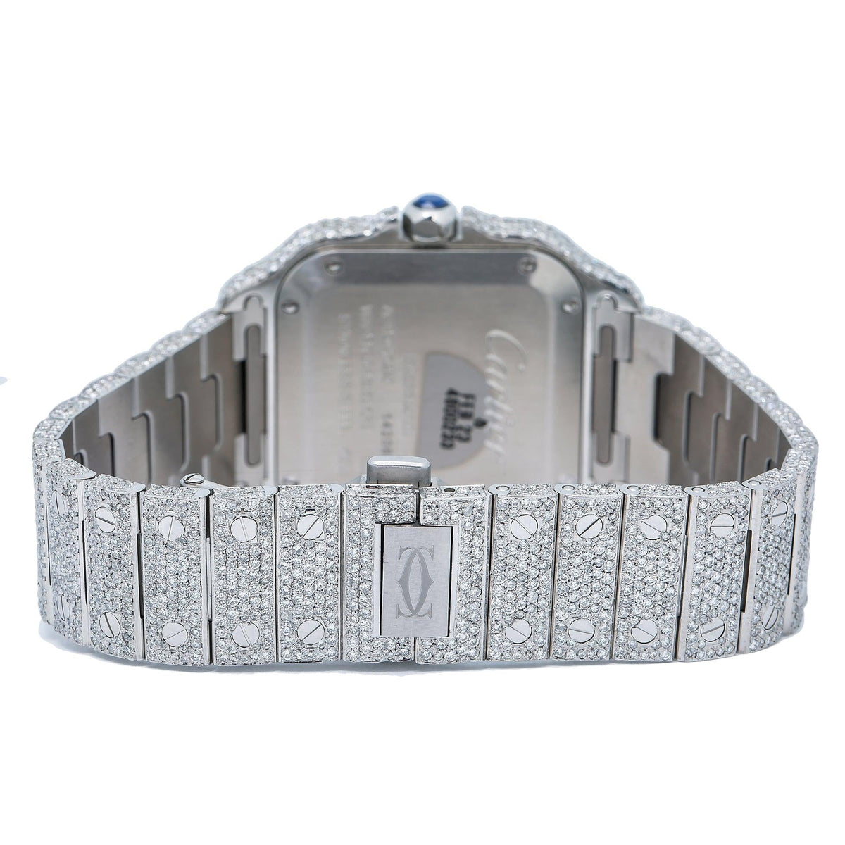 Pre-Owned Cartier Santos 35.1MM WSSA0029 Diamond Paved Rose Gold Roman Dial Rose Gold Diamond Bezel Stainless Steel Full Diamond Bracelet 18.75ct