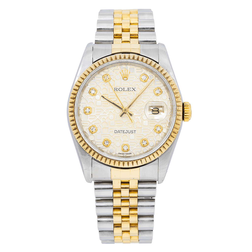 Pre-Owned Rolex Datejust 36MM 16013 Silver Pattern Diamond Dial Fluted Bezel Two Tone Yellow Gold Jubilee Bracelet