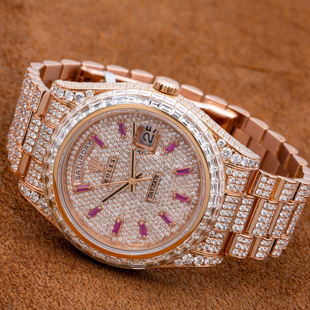 Pre-Owned Rolex Day-Date II 41MM 218235 Diamond Paved Pink Dial Diamond Bezel 18K Rose Gold Full Diamond President Bracelet 26.25ct