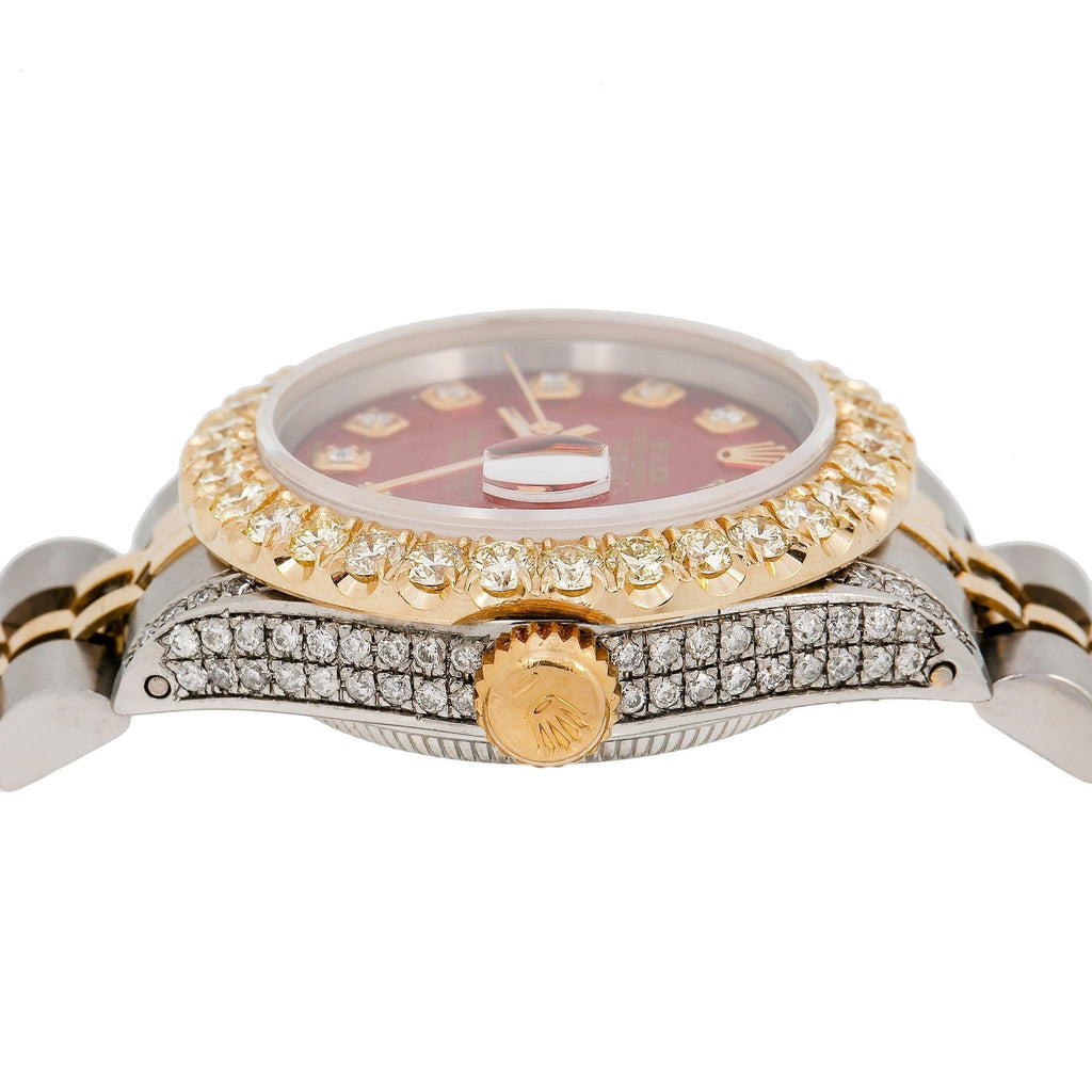 Pre-Owned Rolex Datejust 26MM 69173 Red Diamond Dial Diamond Bezel Two Tone Yellow Gold Jubilee Bracelet 2.25ct