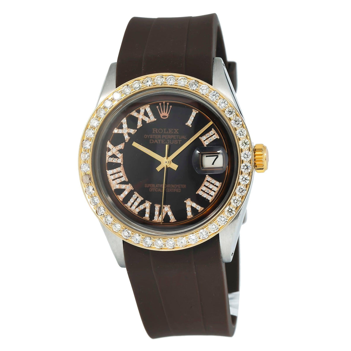 Pre-Owned Rolex Datejust 36MM 1601 Chocolate Roman Diamond Dial Diamond Bezel Brown Rubber Strap