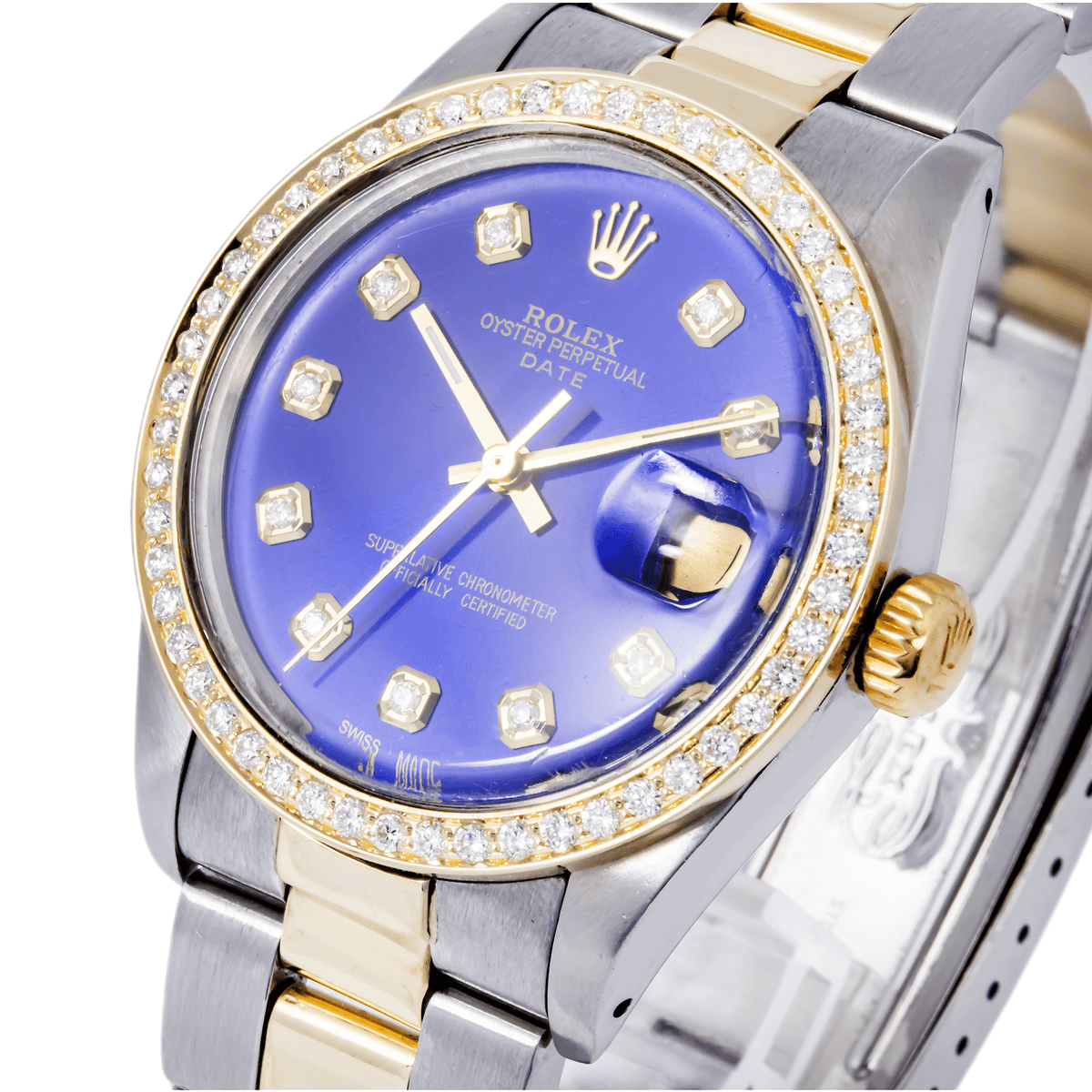 Pre-Owned Rolex Date 34MM 1505 Blue Diamond Dial Diamond Bezel Two Tone Yellow Gold Oyster Bracelet 1ct