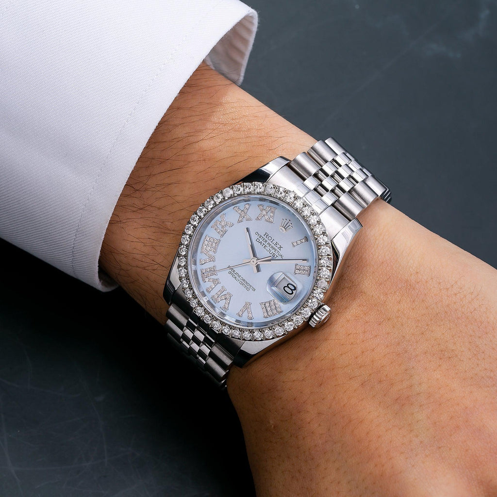 Pre-Owned Rolex Datejust 36MM 116234 Ice Blue Roman Diamond Dial Diamond Bezel Stainless Steel Jubilee Bracelet
