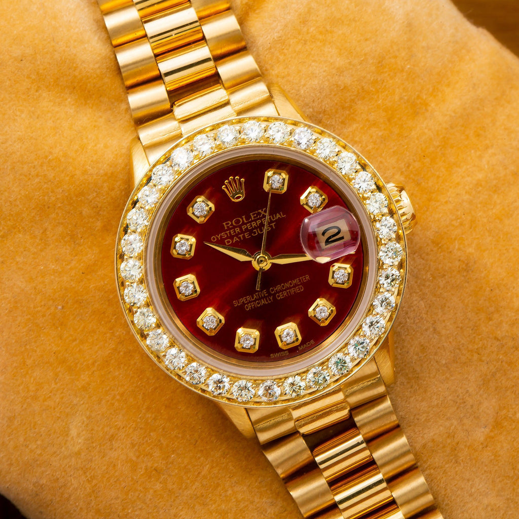Pre-Owned Rolex Datejust 26MM 69178 Red Diamond Dial Diamond Bezel 18K Yellow Gold President Bracelet 0.95ct