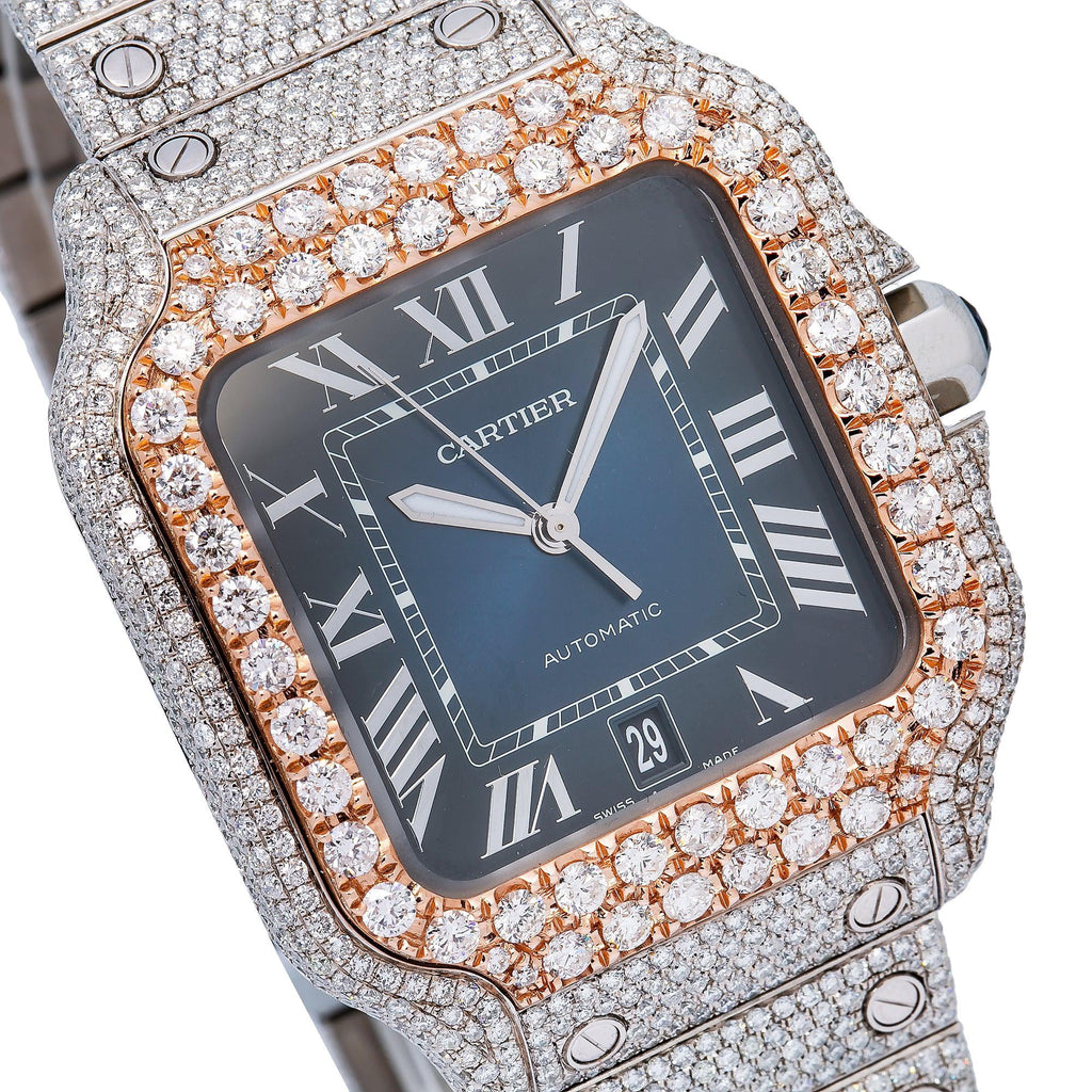 Pre-Owned Cartier Santos 39.8MM WSSA0030 Blue Roman Dial Rose Gold Diamond Bezel Stainless Steel Full Diamond Bracelet 17.95ct