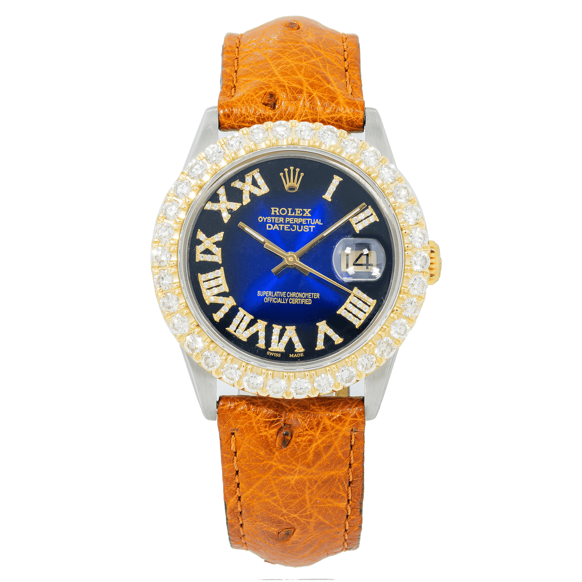 Pre-Owned Rolex Datejust 36MM 16013 Blue Roman Diamond Dial Diamond Bezel Brown Leather Strap