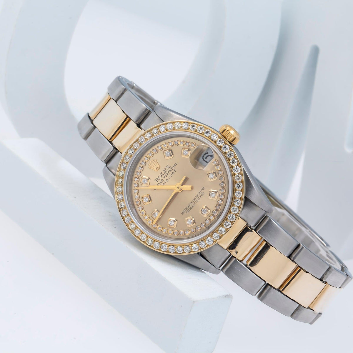 Pre-Owned Rolex Datejust 31MM 68273 Champagne Diamond Dial Diamond Bezel Two Tone Yellow Gold Oyster Bracelet