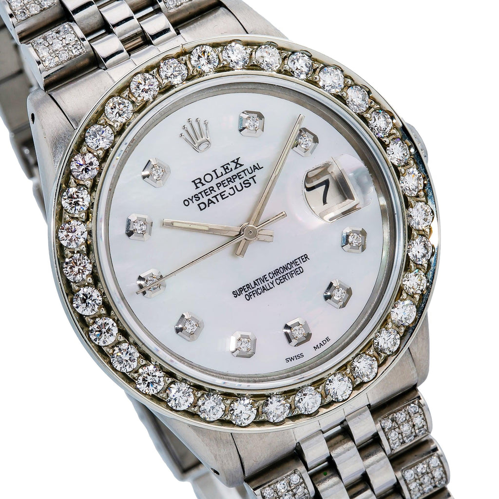Pre-Owned Rolex Datejust 36MM 16234 White Mother of Pearl Diamond Dial Diamond Bezel Stainless Steel Semi Diamond Jubilee Bracelet