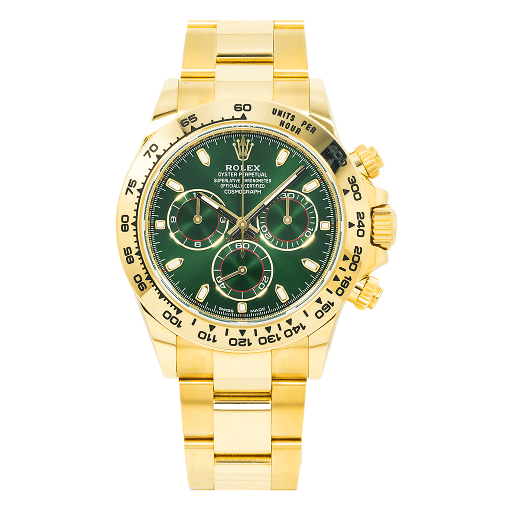 Pre-Owned Rolex Cosmograph Daytona 40MM 116508 John Mayer / Green Daytona Green Dial Tachymeter Bezel 18K Yellow Gold Oyster Bracelet
