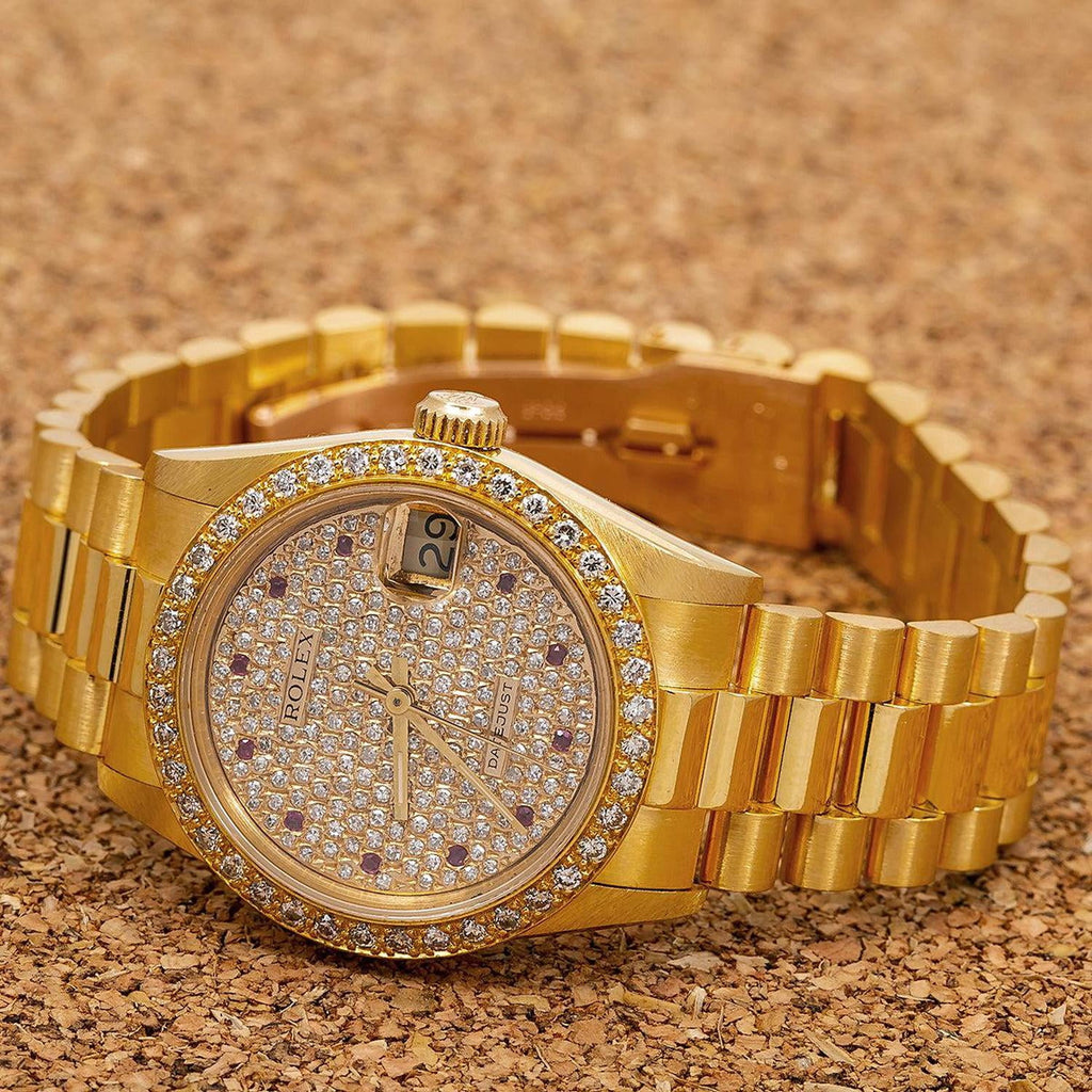 Pre-Owned Rolex Datejust 31MM 68278 Diamond Paved Dial Diamond Bezel 18K Yellow Gold President Bracelet