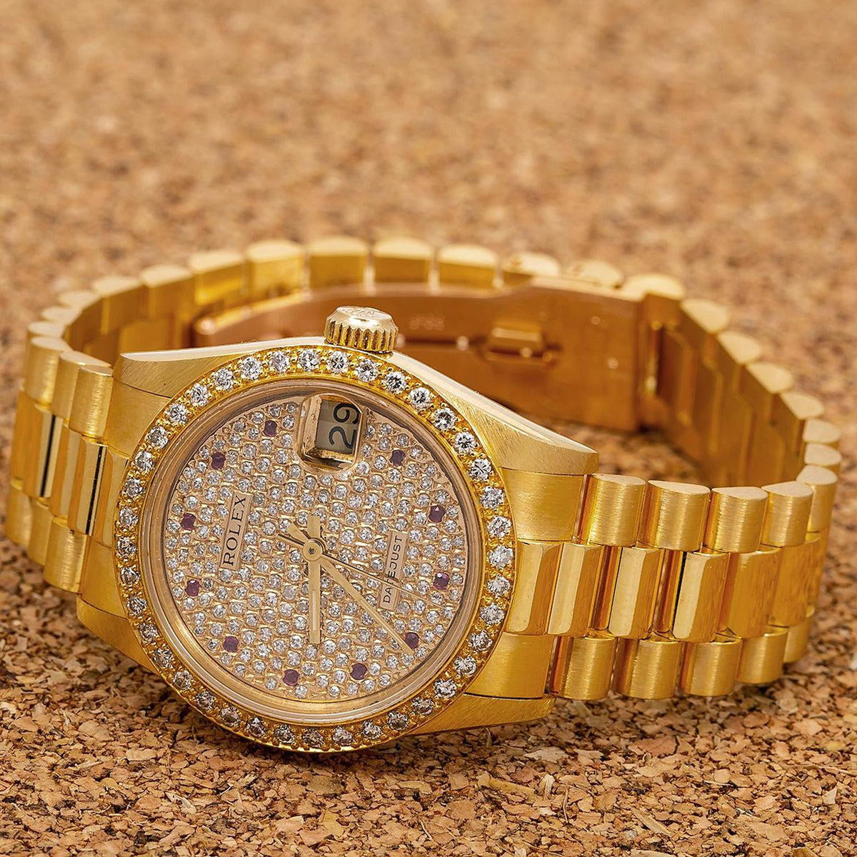 Pre-Owned Rolex Datejust 31MM 68278 Diamond Paved Dial Diamond Bezel 18K Yellow Gold President Bracelet