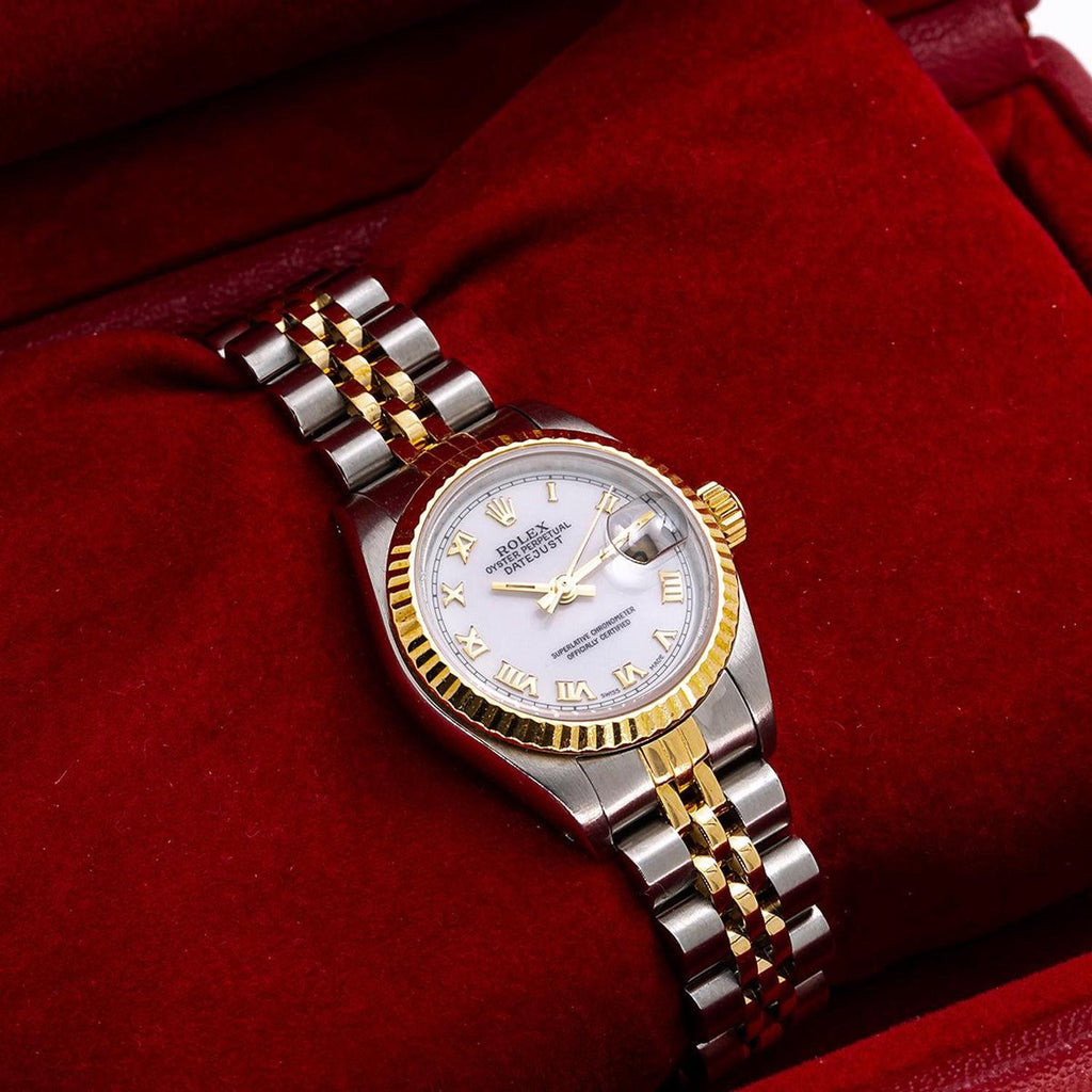 Pre-Owned Rolex Datejust 26MM 6917 White Roman Dial Fluted Bezel Two Tone Yellow Gold Jubilee Bracelet