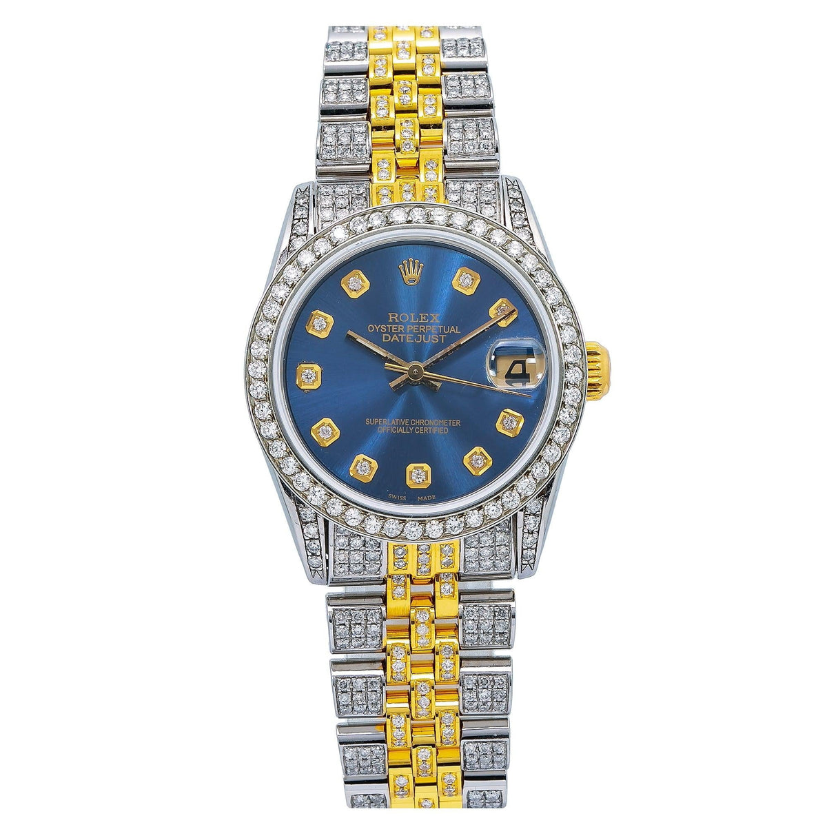 Pre-Owned Rolex Datejust 31MM 6824 Blue Diamond Dial Diamond Bezel Two Tone Yellow Gold Full Diamond Jubilee Bracelet
