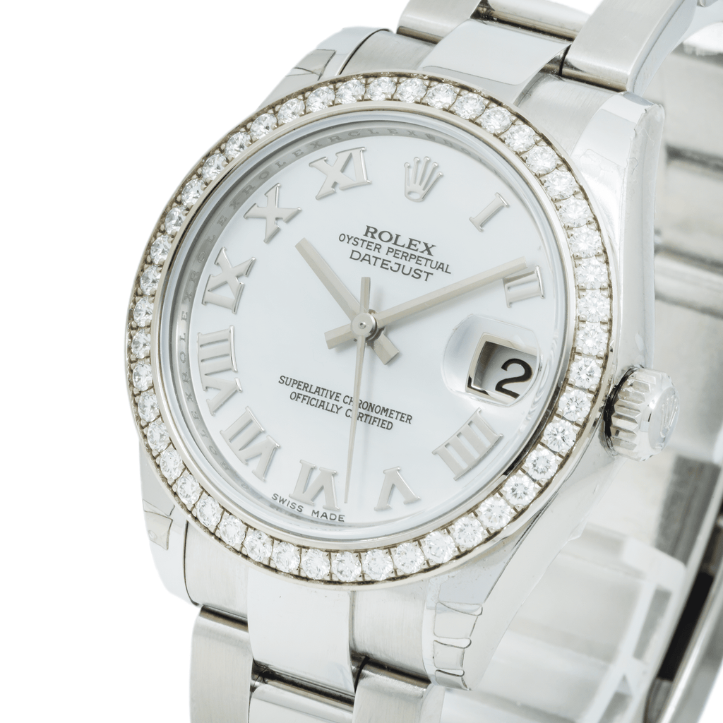 Pre-Owned Rolex Datejust 31MM 178240 White Mother of Pearl Roman Dial Diamond Bezel Stainless Steel Oyster Bracelet