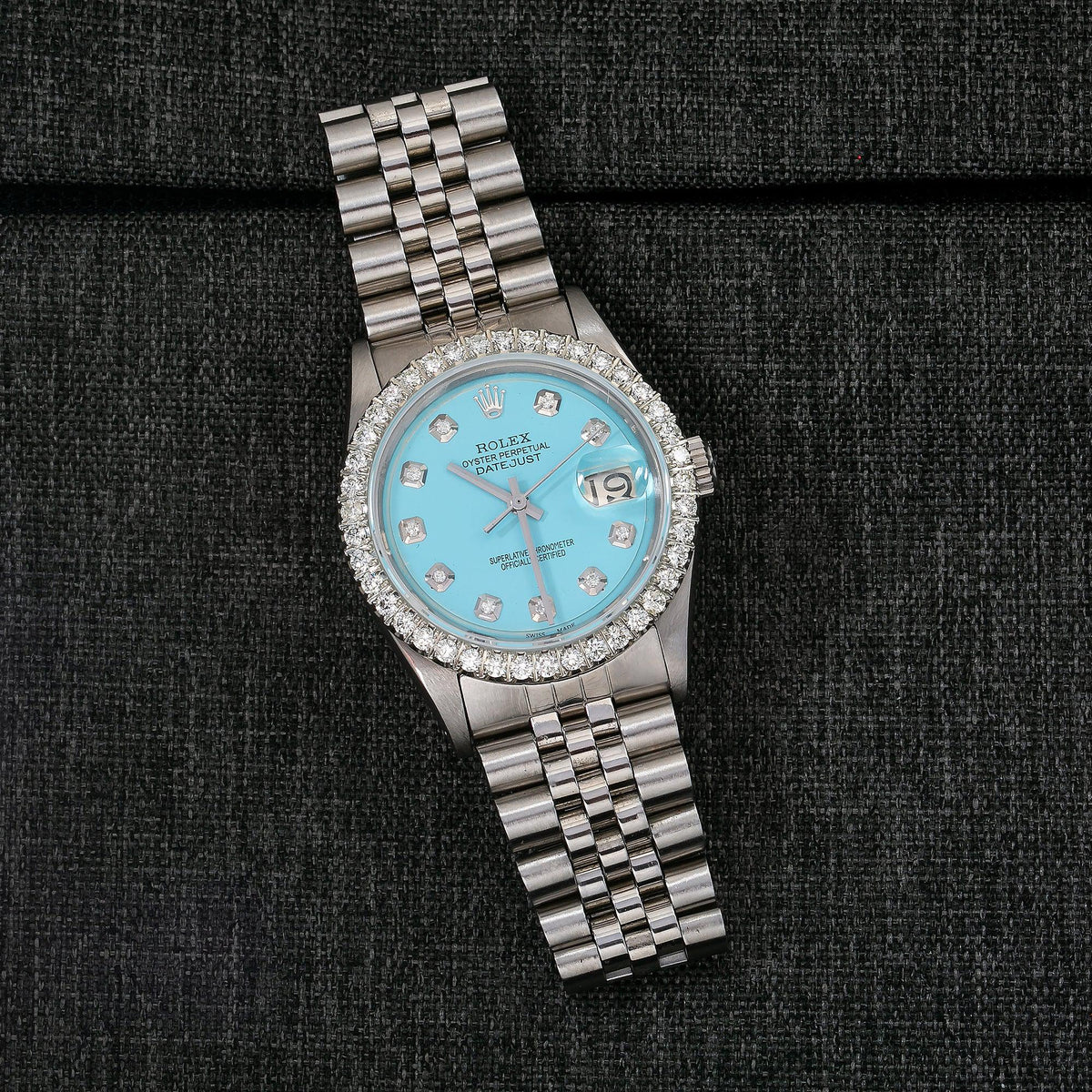 Pre-Owned Rolex Datejust 36MM 1601 Ice Blue Diamond Dial Diamond Bezel Stainless Steel Jubilee Bracelet
