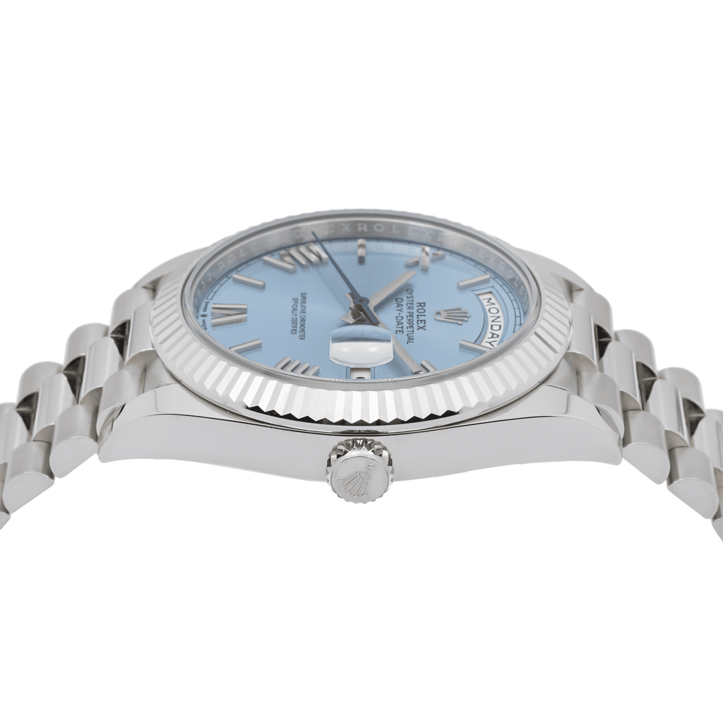 Pre-Owned Rolex Day-Date 40MM 228236 Ice Blue Roman Dial Fluted Bezel Platinum President Bracelet