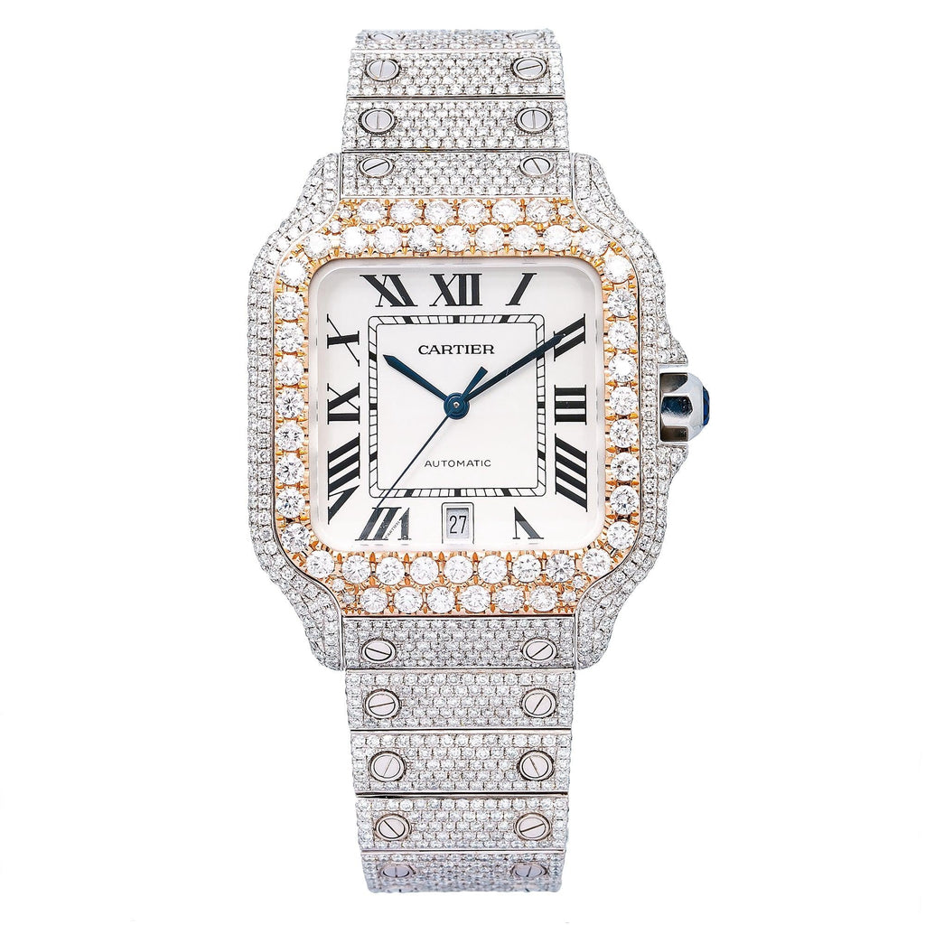 Pre-Owned Cartier Santos 39.8MM WSSA0009 Silver Roman Dial Rose Gold Diamond Bezel Stainless Steel Full Diamond Bracelet 17.96ct