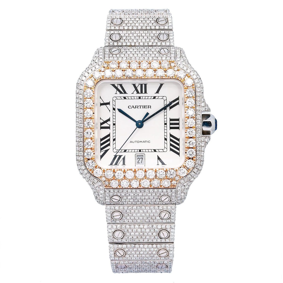 Pre-Owned Cartier Santos 39.8MM WSSA0009 Silver Roman Dial Rose Gold Diamond Bezel Stainless Steel Full Diamond Bracelet 17.96ct