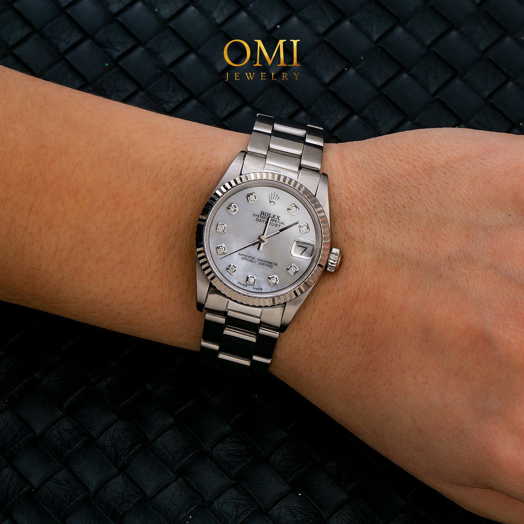 Pre-Owned Rolex Datejust 31MM 68241 Silver Diamond Dial Fluted Bezel Stainless Steel Oyster Bracelet