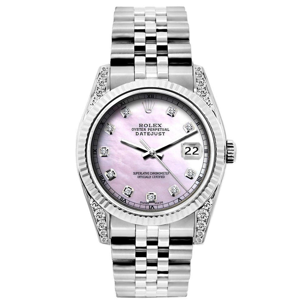 Pre-Owned Rolex Datejust 26MM 6916 Pink Mother of Pearl Diamond Dial Fluted Bezel Stainless Steel Jubilee Bracelet
