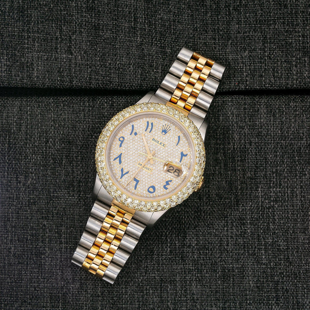 Pre-Owned Rolex Datejust 36MM 16233 Diamond Paved Blue Eastern Arabic Dial Diamond Bezel Two Tone Yellow Gold Jubilee Bracelet 4.75ct