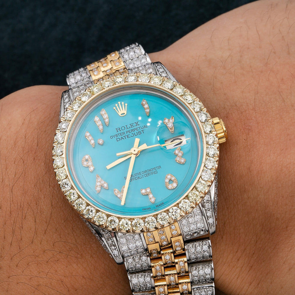 Pre-Owned Rolex Datejust 36MM 1601 Blue Eastern Arabic Diamond Dial Diamond Bezel Two Tone Yellow Gold Full Diamond Jubilee Bracelet 8.75ct