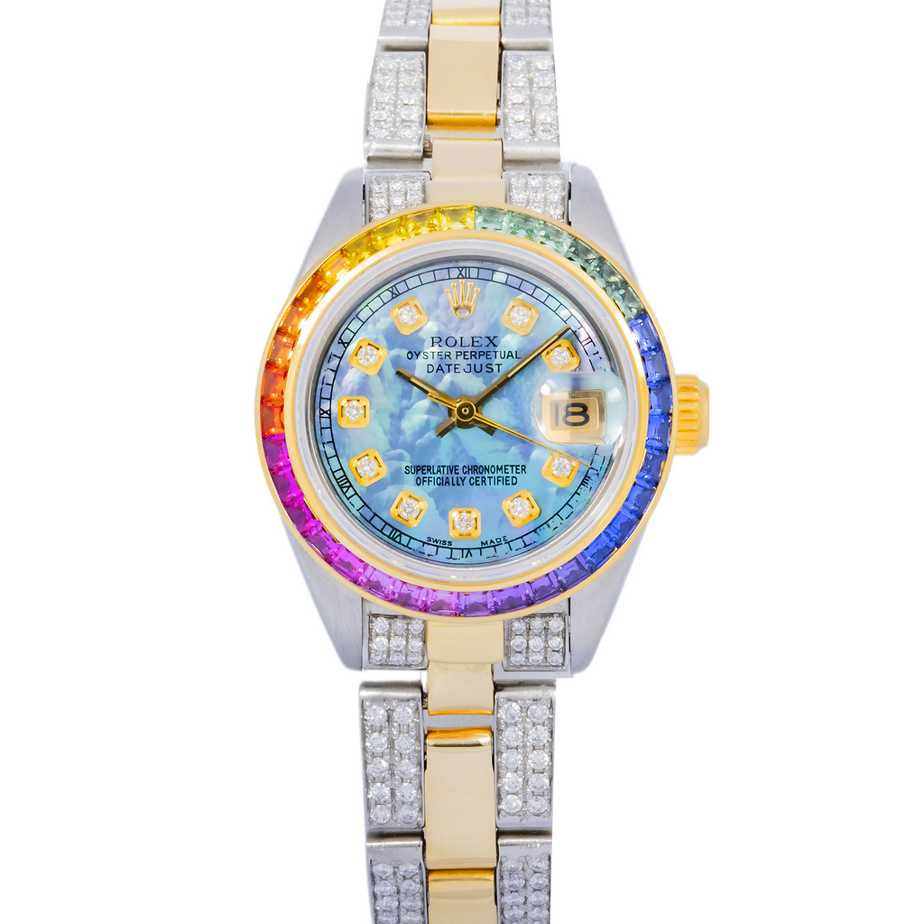 Pre-Owned Rolex Datejust 26MM 6917 Blue Mother of Pearl Diamond Dial Rainbow Gemstone Bezel Two Tone Yellow Gold Semi Diamond Oyster Bracelet