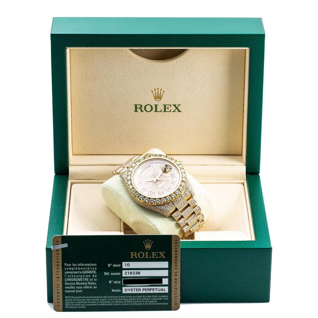 Pre-Owned Rolex Day-Date II 41MM 218238 Diamond Paved Red Roman Dial Diamond Bezel 18K Yellow Gold Full Diamond President Bracelet 21.75ct