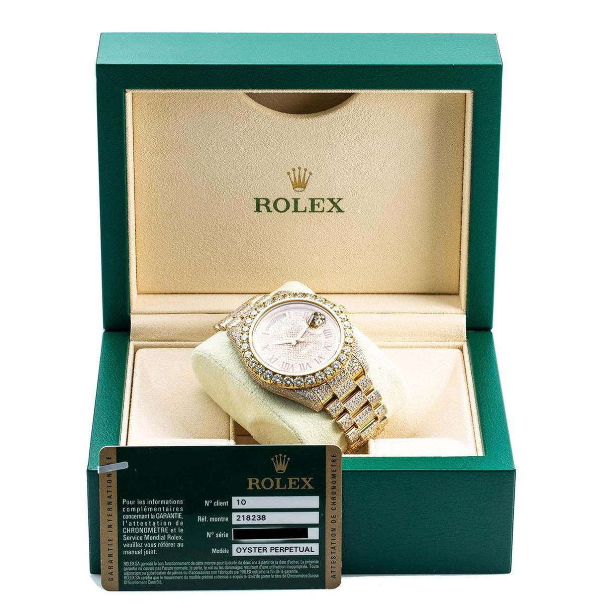Pre-Owned Rolex Day-Date II 41MM 218238 Diamond Paved Red Roman Dial Diamond Bezel 18K Yellow Gold Full Diamond President Bracelet 21.75ct