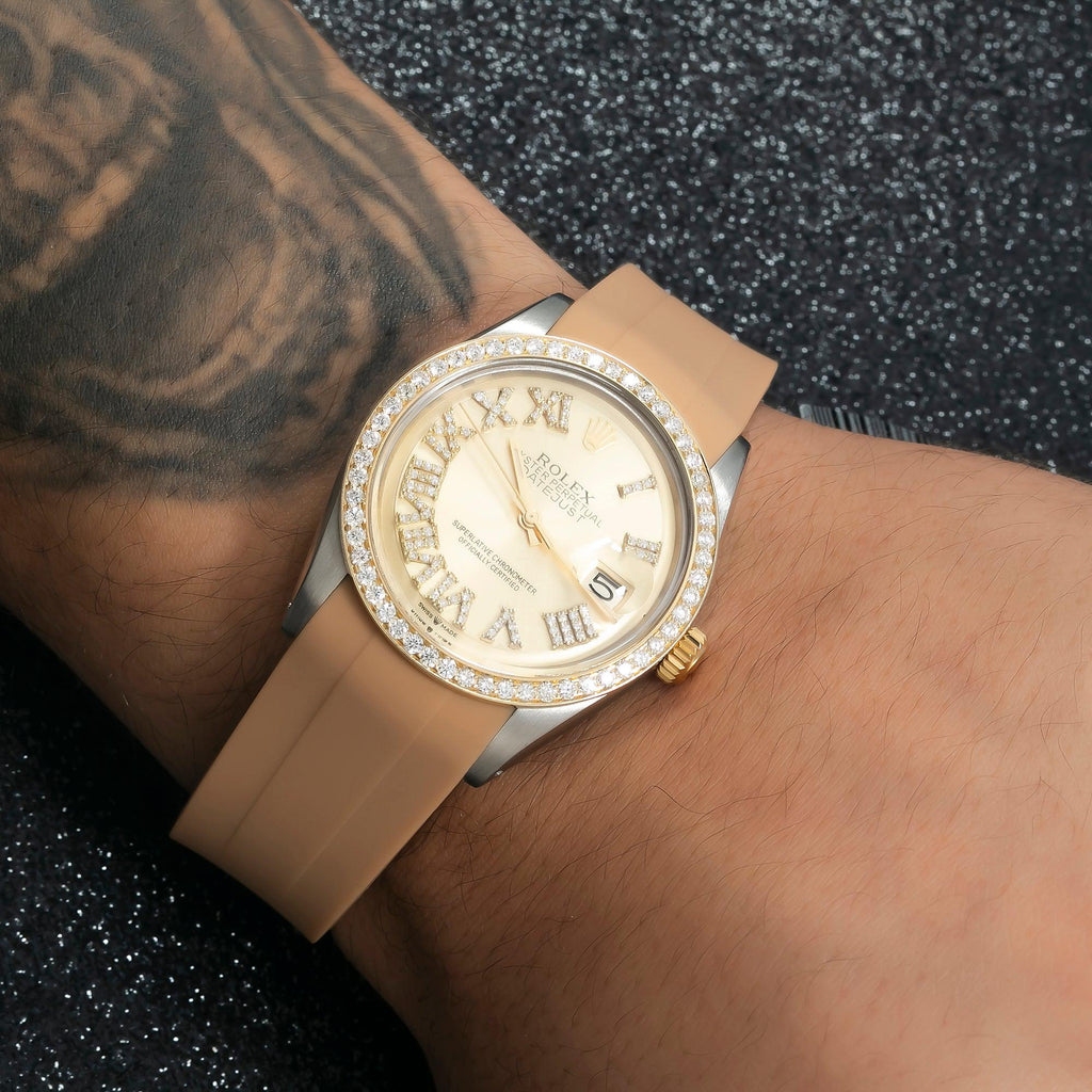 Pre-Owned Rolex Datejust 36MM 1601 Champagne Roman Diamond Dial Diamond Bezel Brown Rubber Strap